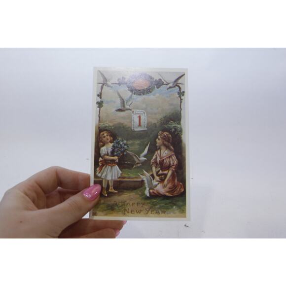 Happy New Year, Two Girls with Birds, Rare Postcard, Unused, Color Picture, - Picture 1 of 2